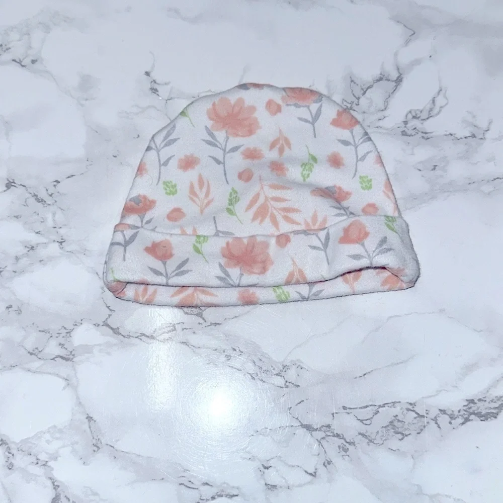 New beginnings Floral baby Beanie - Pink and Green size newborn 0-6 months